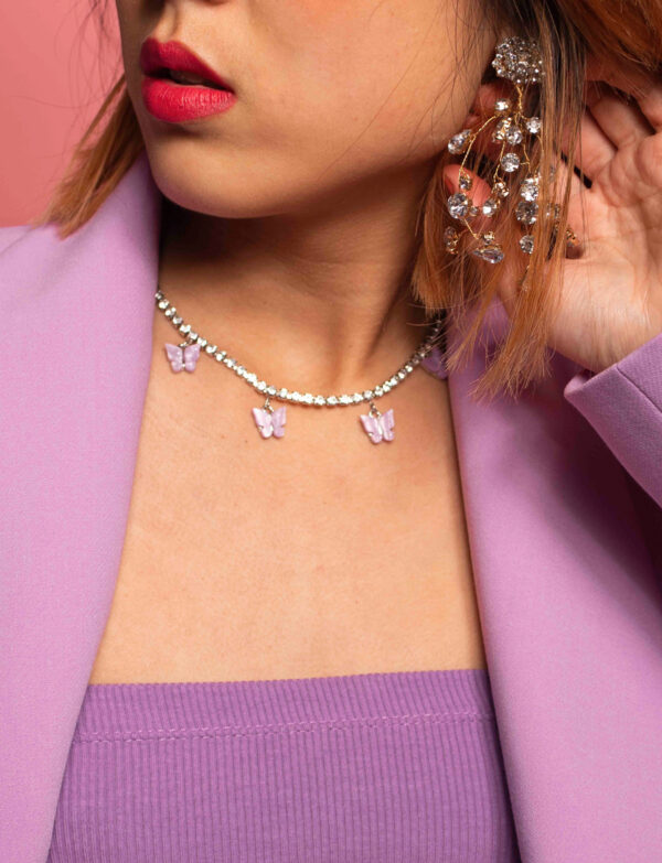 Purple butterfly silver diamond choker necklace