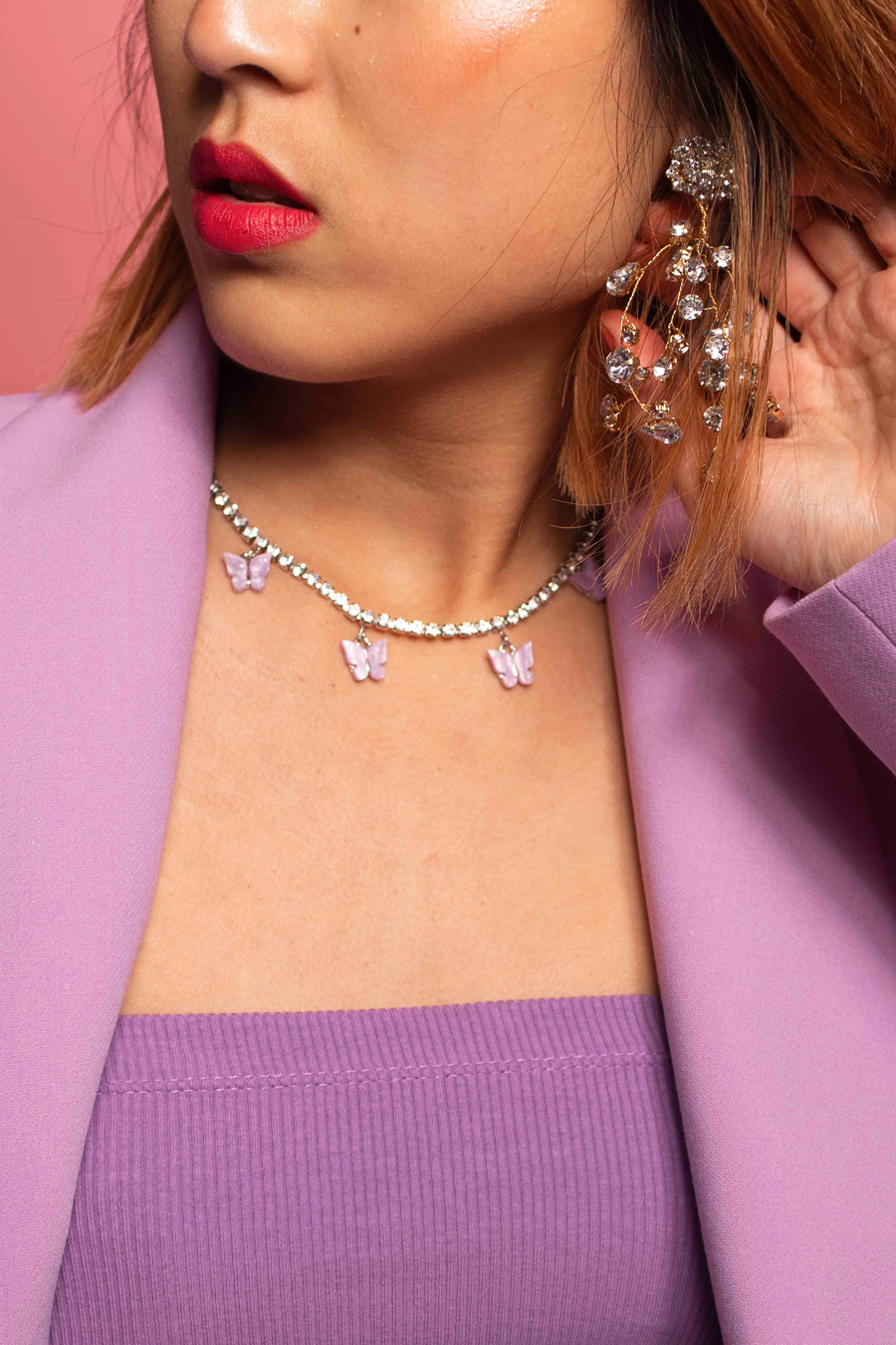 Purple butterfly silver diamond choker necklace